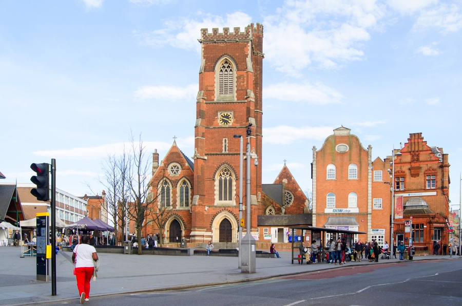 Town square with church building