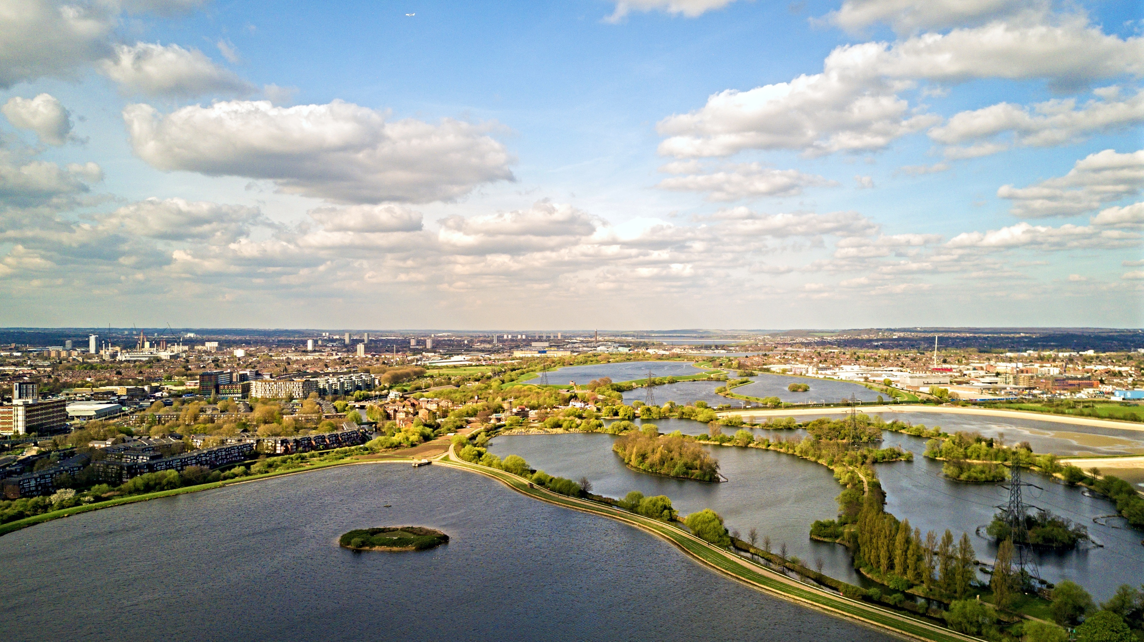 Aerial view of ponds and small islands